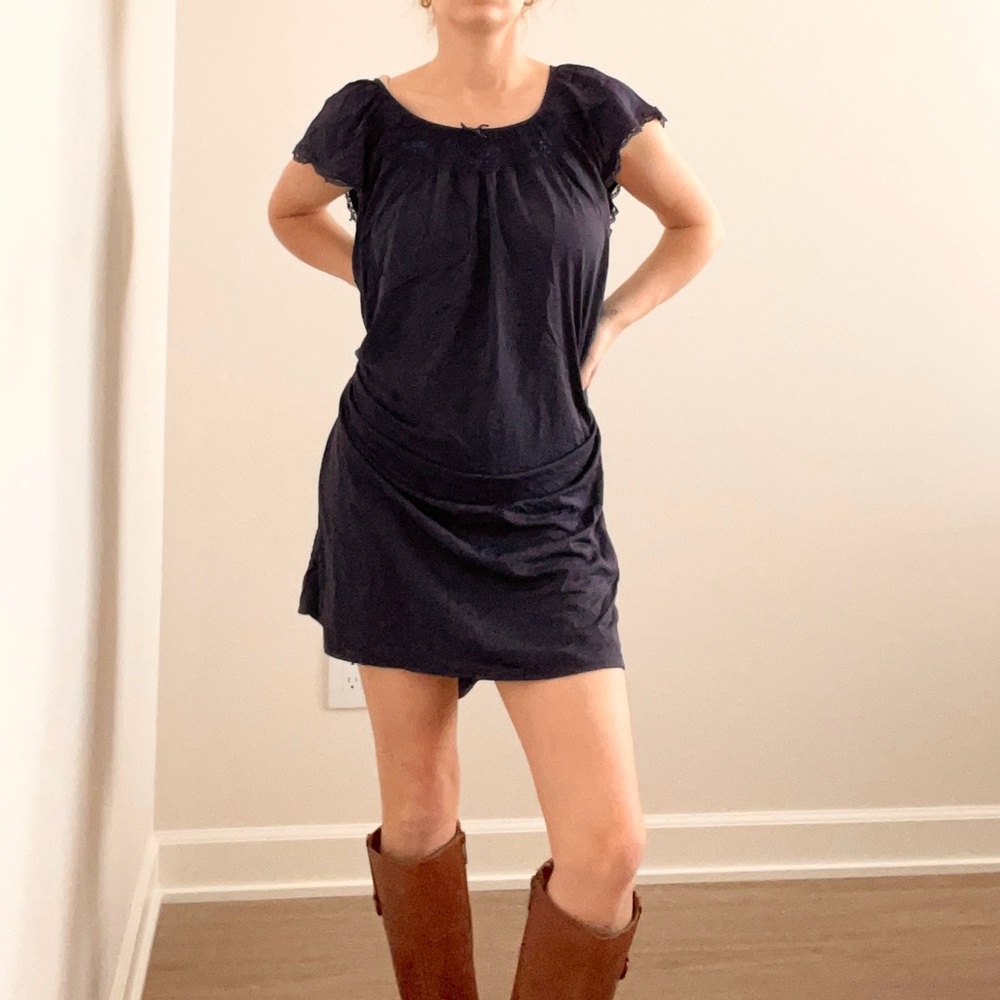 Vintage Smocked Navy Blue Mini Dress